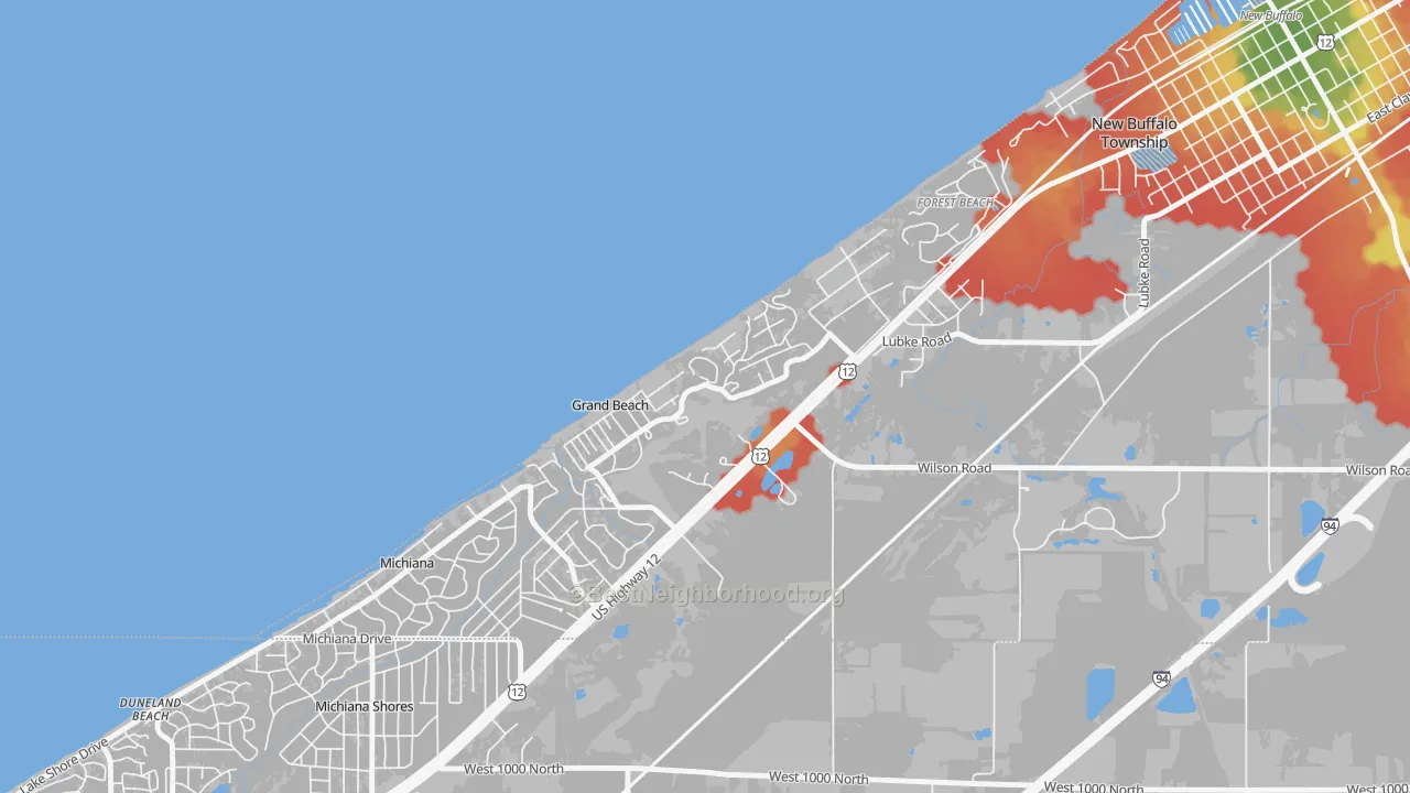 Walk Grade map of Grand Beach, MI, walkable areas in green and car-dependent areas in red