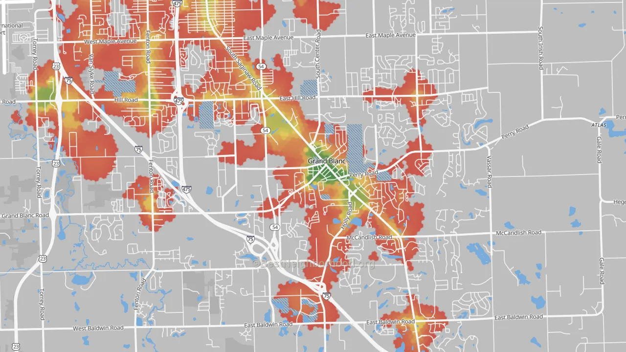 Walk Grade map of Grand Blanc, MI, walkable areas in green and car-dependent areas in red