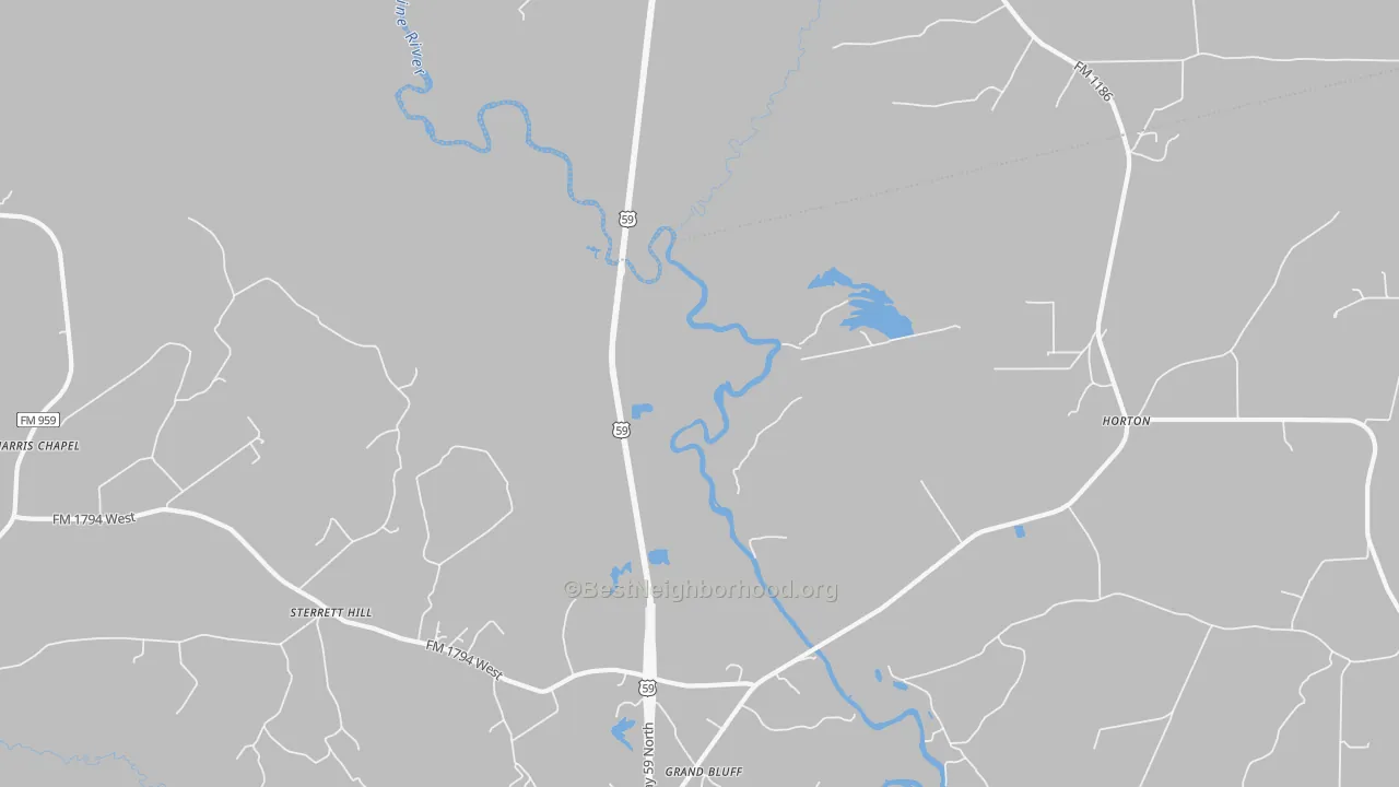 Walk Grade map of Grand Bluff, TX, walkable areas in green and car-dependent areas in red