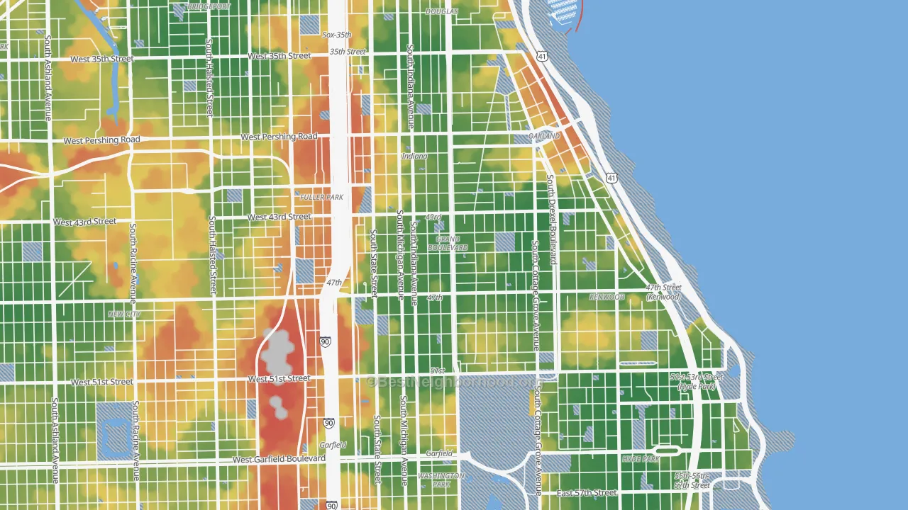 Walk Grade map of Grand Boulevard, Chicago, IL, walkable areas in green and car-dependent areas in red