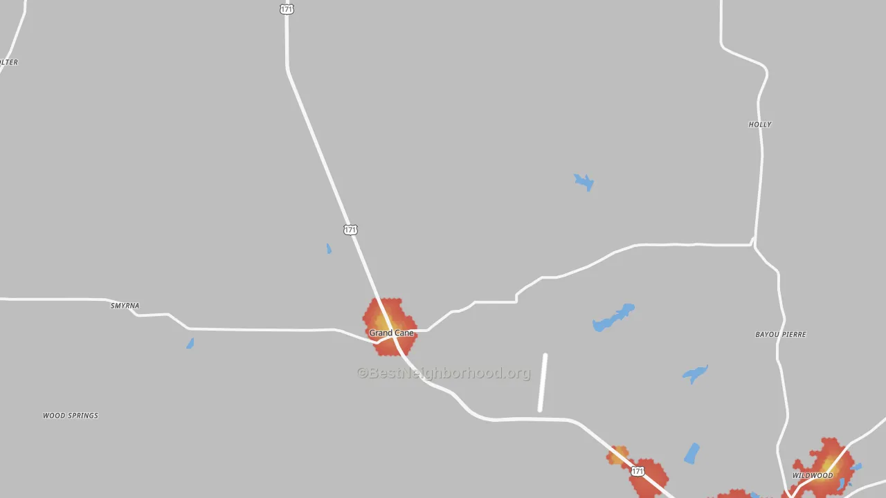 Walk Grade map of Grand Cane, LA, walkable areas in green and car-dependent areas in red