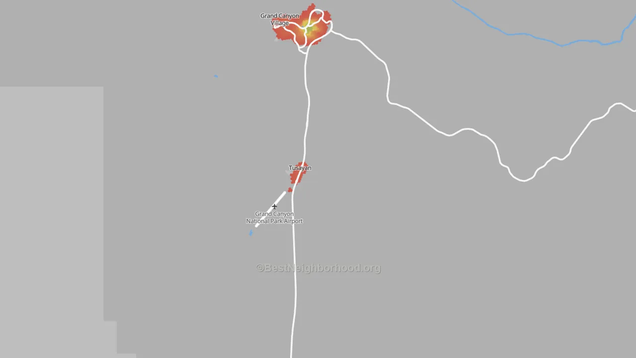 Walk Grade map of Grand Canyon, AZ, walkable areas in green and car-dependent areas in red