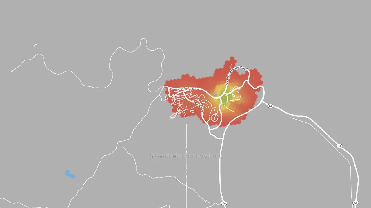 Walk Grade map of Grand Canyon Village, AZ, walkable areas in green and car-dependent areas in red