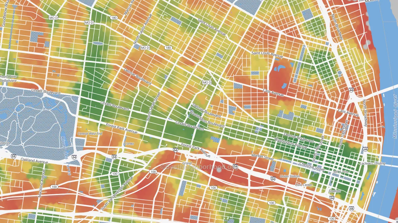 Walk Grade map of Grand Center, St. Louis, MO, walkable areas in green and car-dependent areas in red