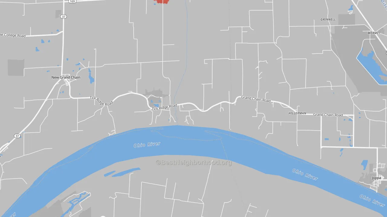 Walk Grade map of Grand Chain, IL, walkable areas in green and car-dependent areas in red