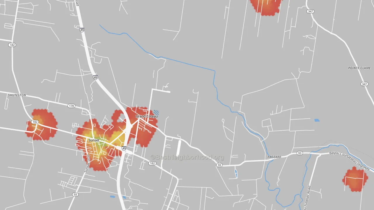 Walk Grade map of Grand Coteau, LA, walkable areas in green and car-dependent areas in red