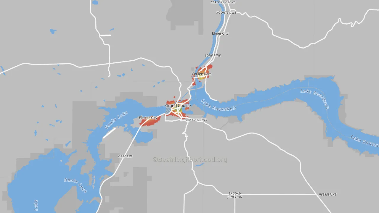 Walk Grade map of Grand Coulee, WA, walkable areas in green and car-dependent areas in red