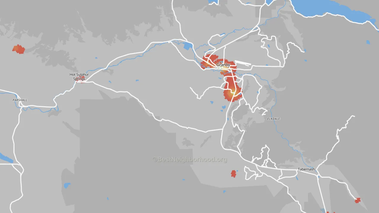 Walk Grade map of Grand County, CO, walkable areas in green and car-dependent areas in red