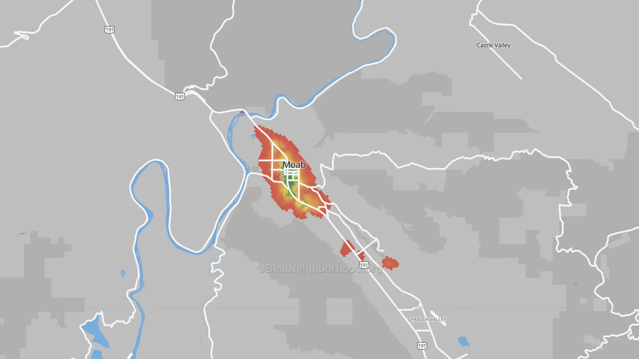 Walk Grade map of Grand County, UT, walkable areas in green and car-dependent areas in red