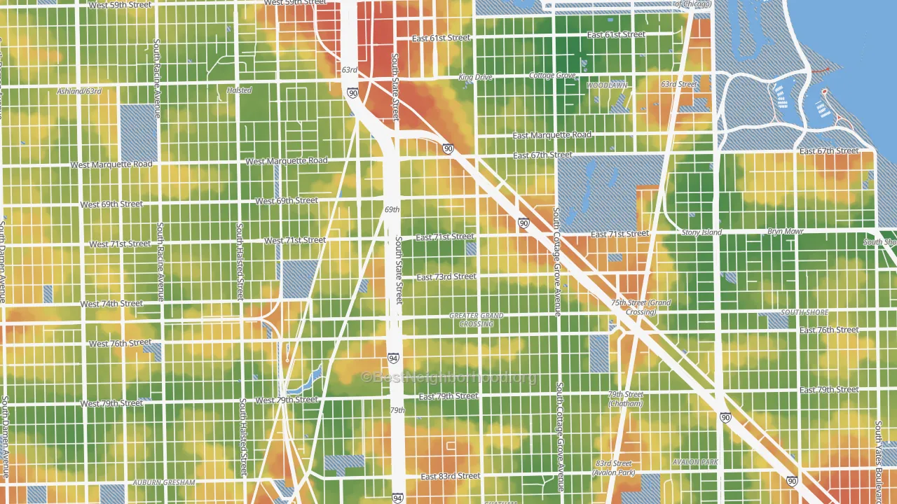 Walk Grade map of Grand Crossing, Chicago, IL, walkable areas in green and car-dependent areas in red