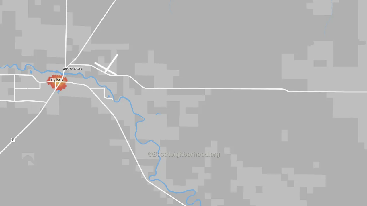 Walk Grade map of Grand Falls, MN, walkable areas in green and car-dependent areas in red
