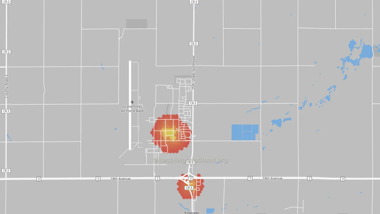 Walk Grade map of Grand Forks Afb, ND, walkable areas in green and car-dependent areas in red