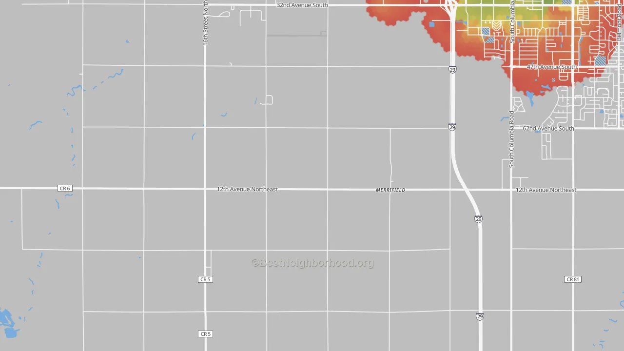 Walk Grade map of Grand Forks Air Force Base, ND, walkable areas in green and car-dependent areas in red