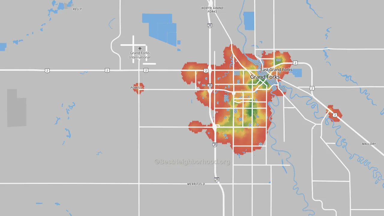Walk Grade map of Grand Forks County, ND, walkable areas in green and car-dependent areas in red