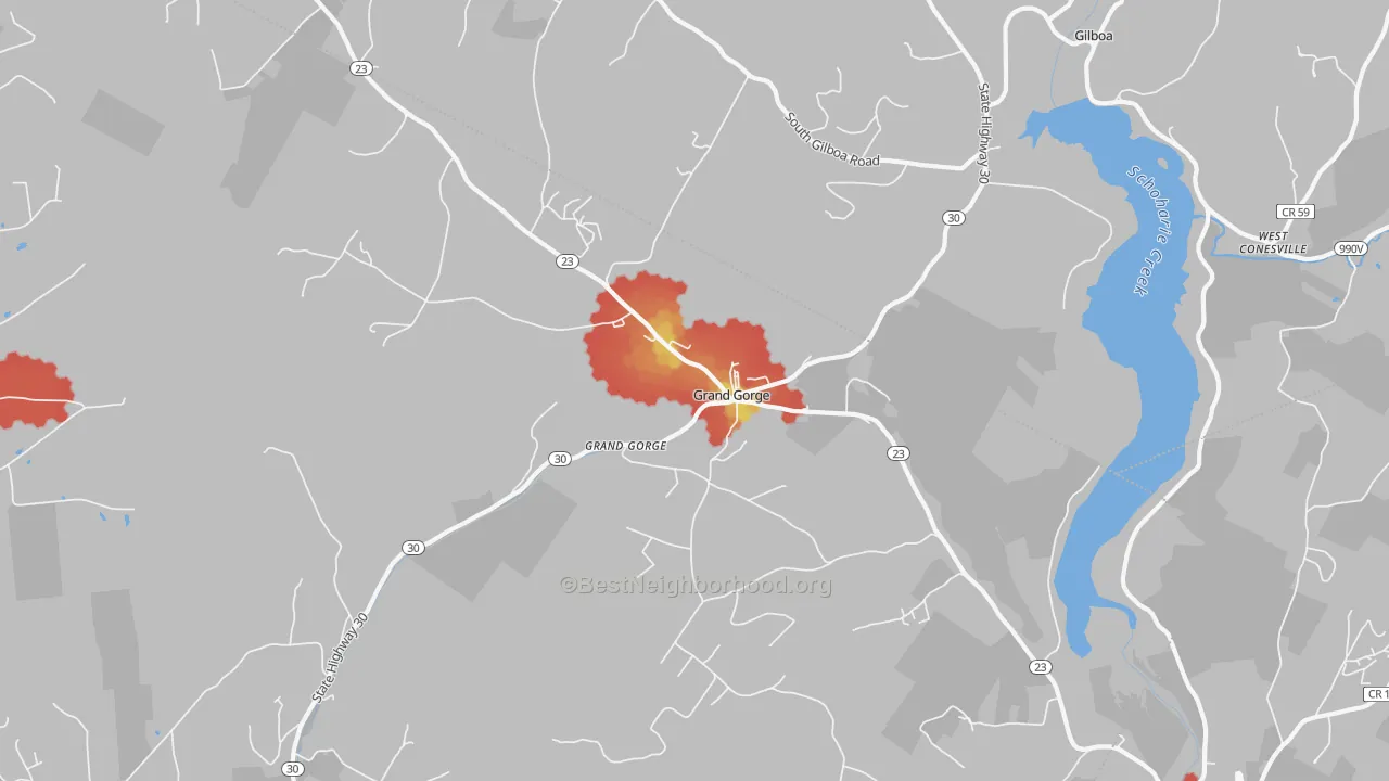 Walk Grade map of Grand Gorge, NY, walkable areas in green and car-dependent areas in red