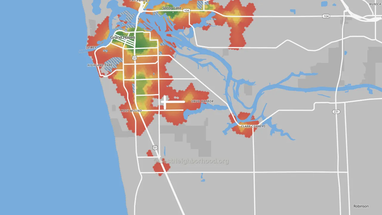 Walk Grade map of Grand Haven, MI, walkable areas in green and car-dependent areas in red