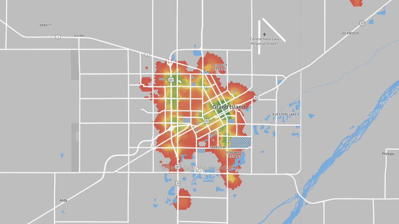 Walk Grade map of Grand Island, NE, walkable areas in green and car-dependent areas in red