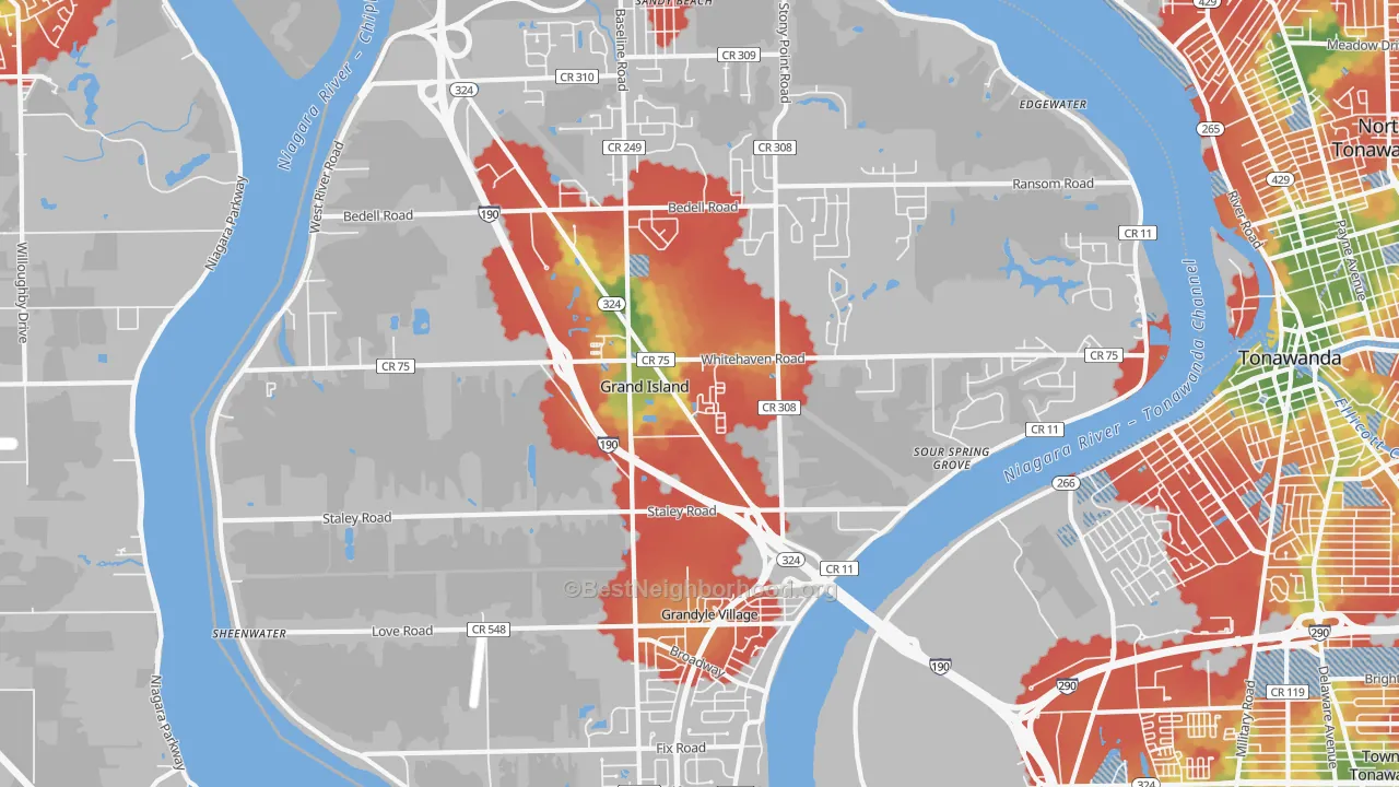 Walk Grade map of Grand Island, NY, walkable areas in green and car-dependent areas in red