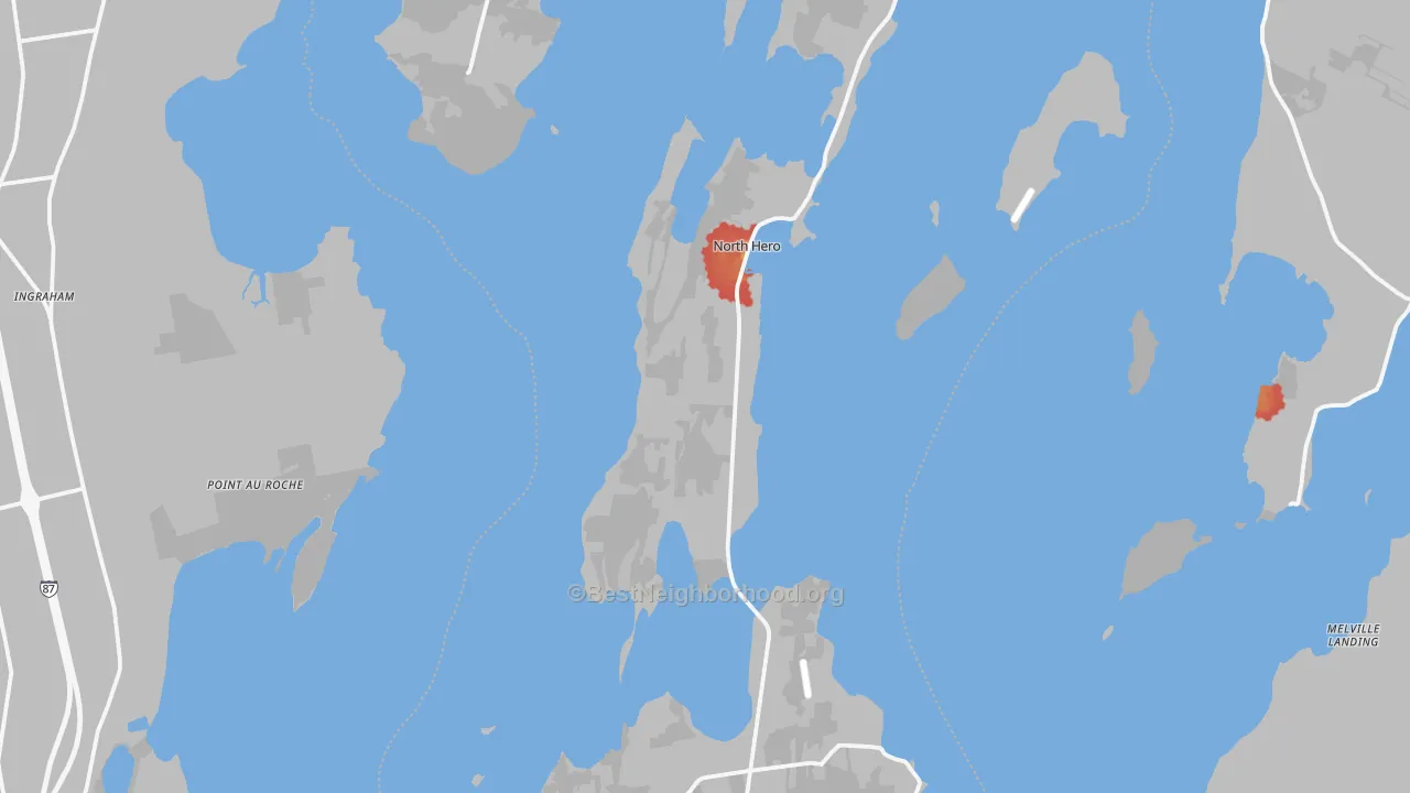 Walk Grade map of Grand Isle County, VT, walkable areas in green and car-dependent areas in red