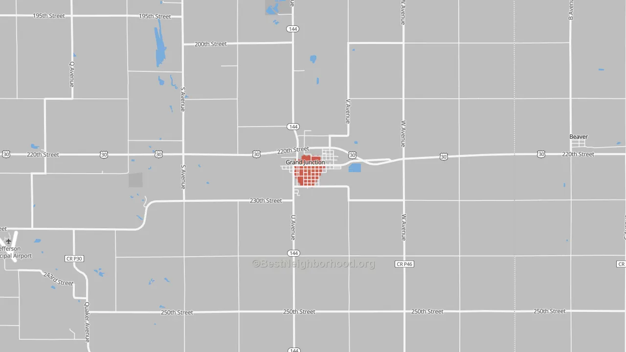 Walk Grade map of Grand Junction, IA, walkable areas in green and car-dependent areas in red