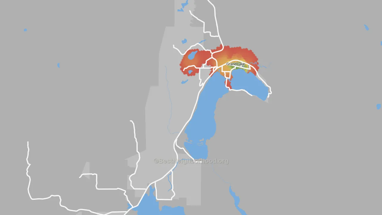 Walk Grade map of Grand Lake, CO, walkable areas in green and car-dependent areas in red