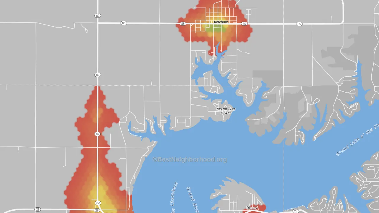 Walk Grade map of Grand Lake Towne, OK, walkable areas in green and car-dependent areas in red