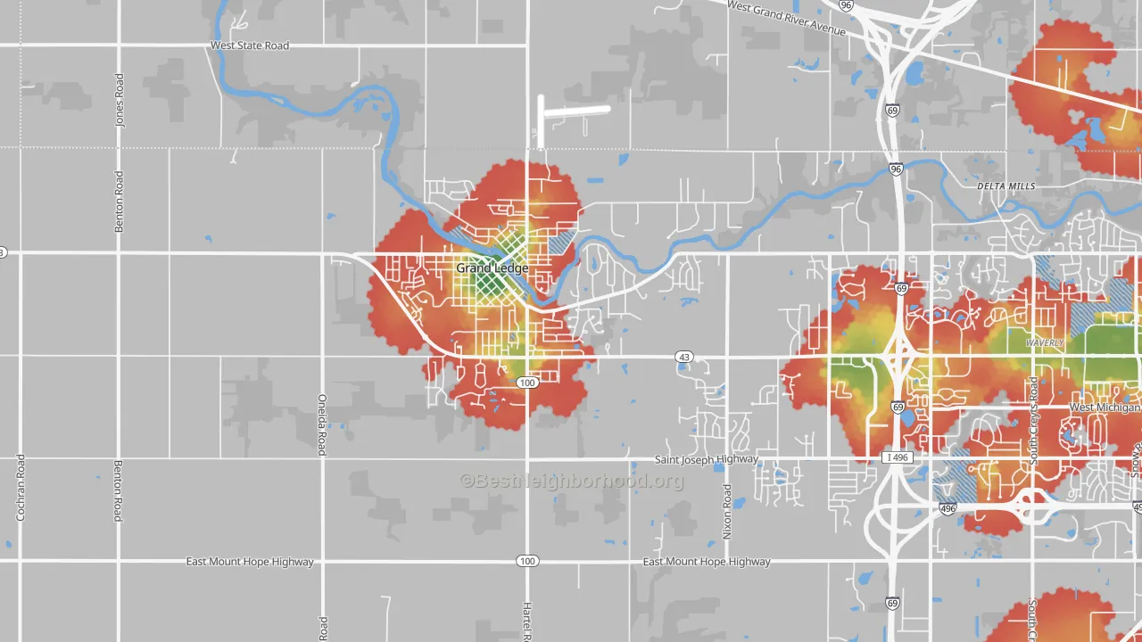 Walk Grade map of Grand Ledge, MI, walkable areas in green and car-dependent areas in red