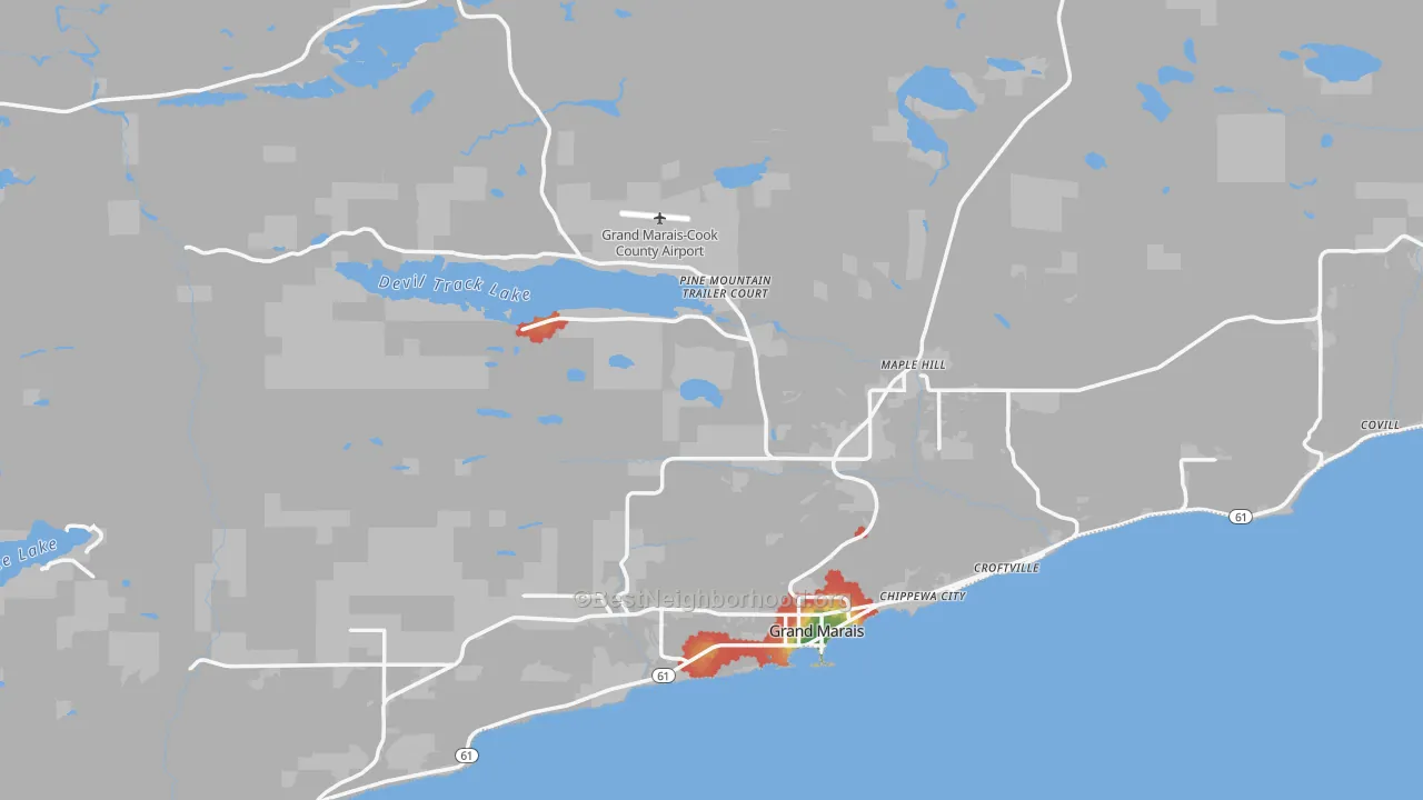 Walk Grade map of Grand Marais, MN, walkable areas in green and car-dependent areas in red