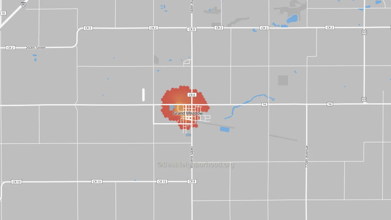 Walk Grade map of Grand Meadow, MN, walkable areas in green and car-dependent areas in red