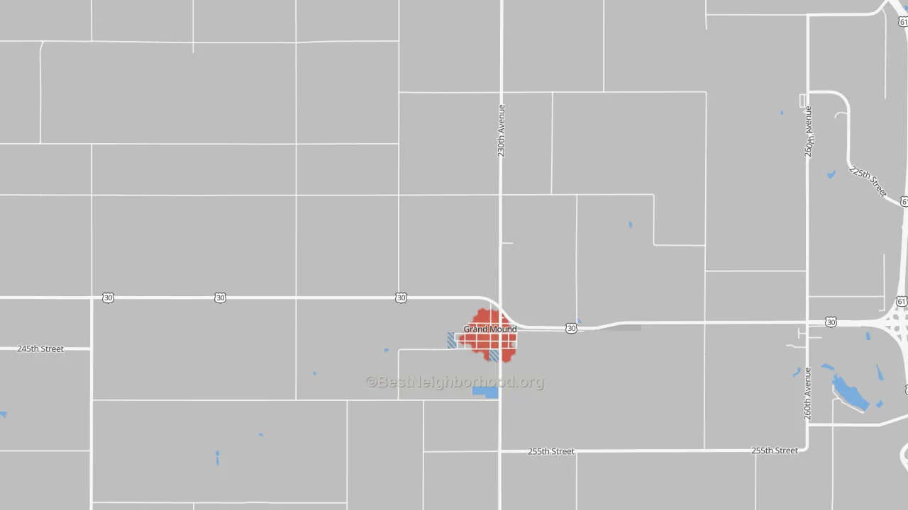 Walk Grade map of Grand Mound, IA, walkable areas in green and car-dependent areas in red