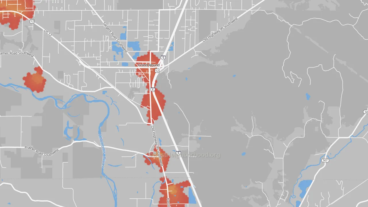 Walk Grade map of Grand Mound, WA, walkable areas in green and car-dependent areas in red