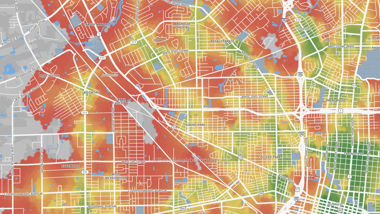 Walk Grade map of Grand Park, Jacksonville, FL, walkable areas in green and car-dependent areas in red