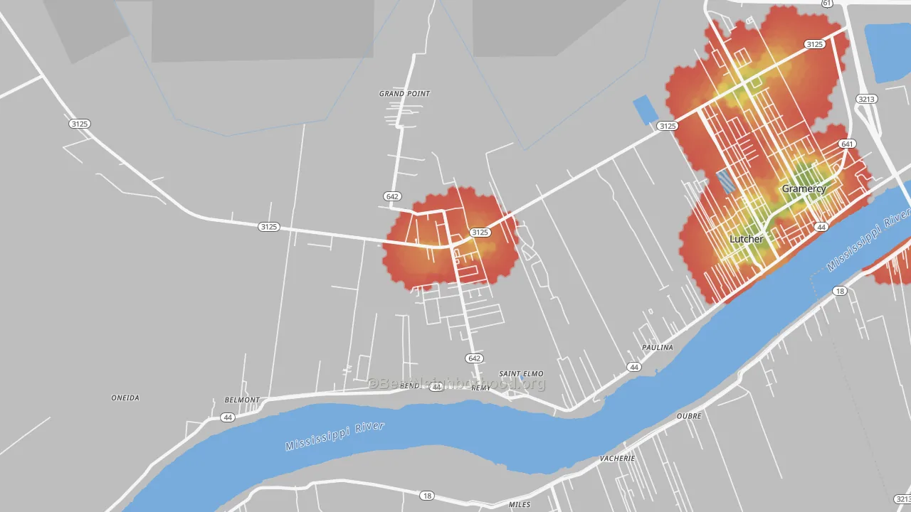 Walk Grade map of Grand Point, LA, walkable areas in green and car-dependent areas in red