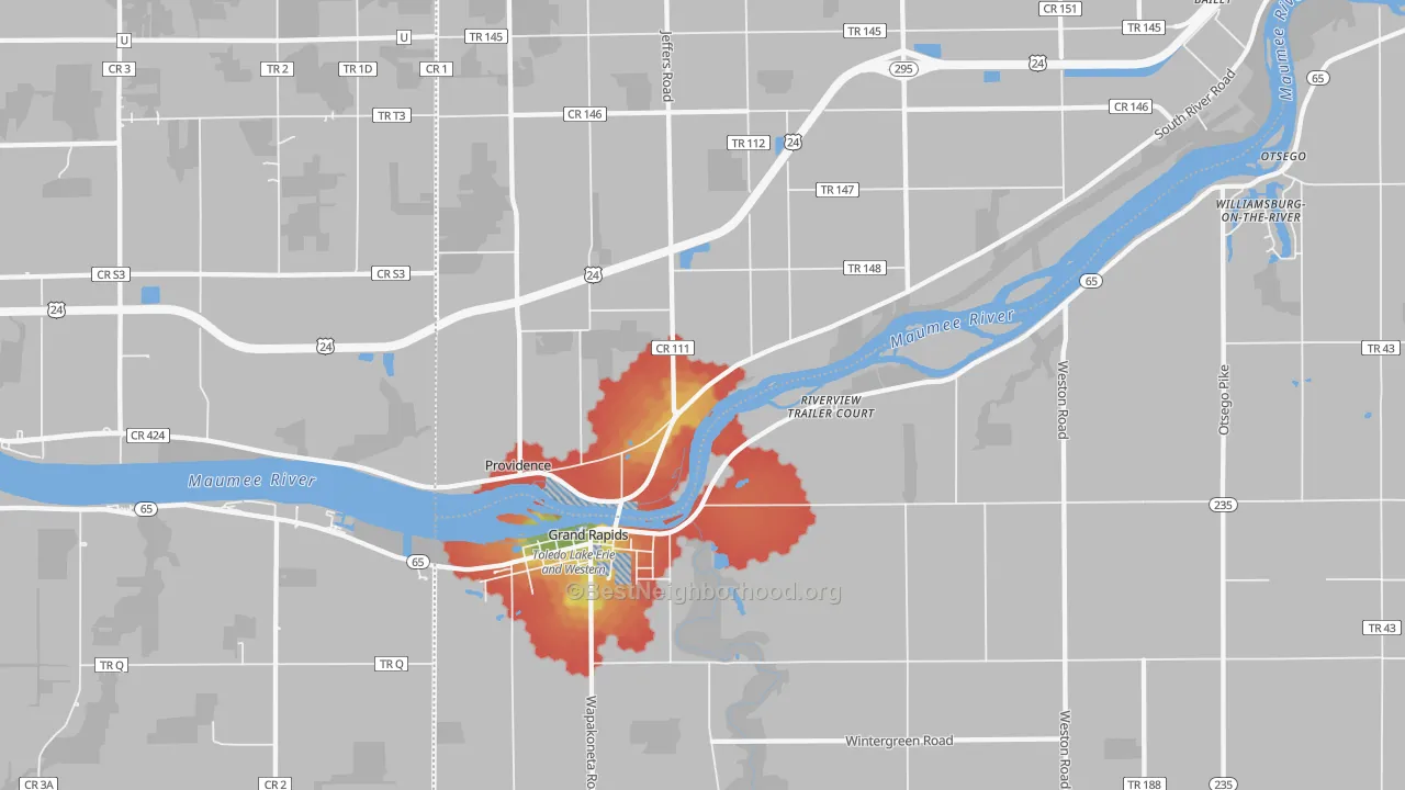 Walk Grade map of Grand Rapids, OH, walkable areas in green and car-dependent areas in red