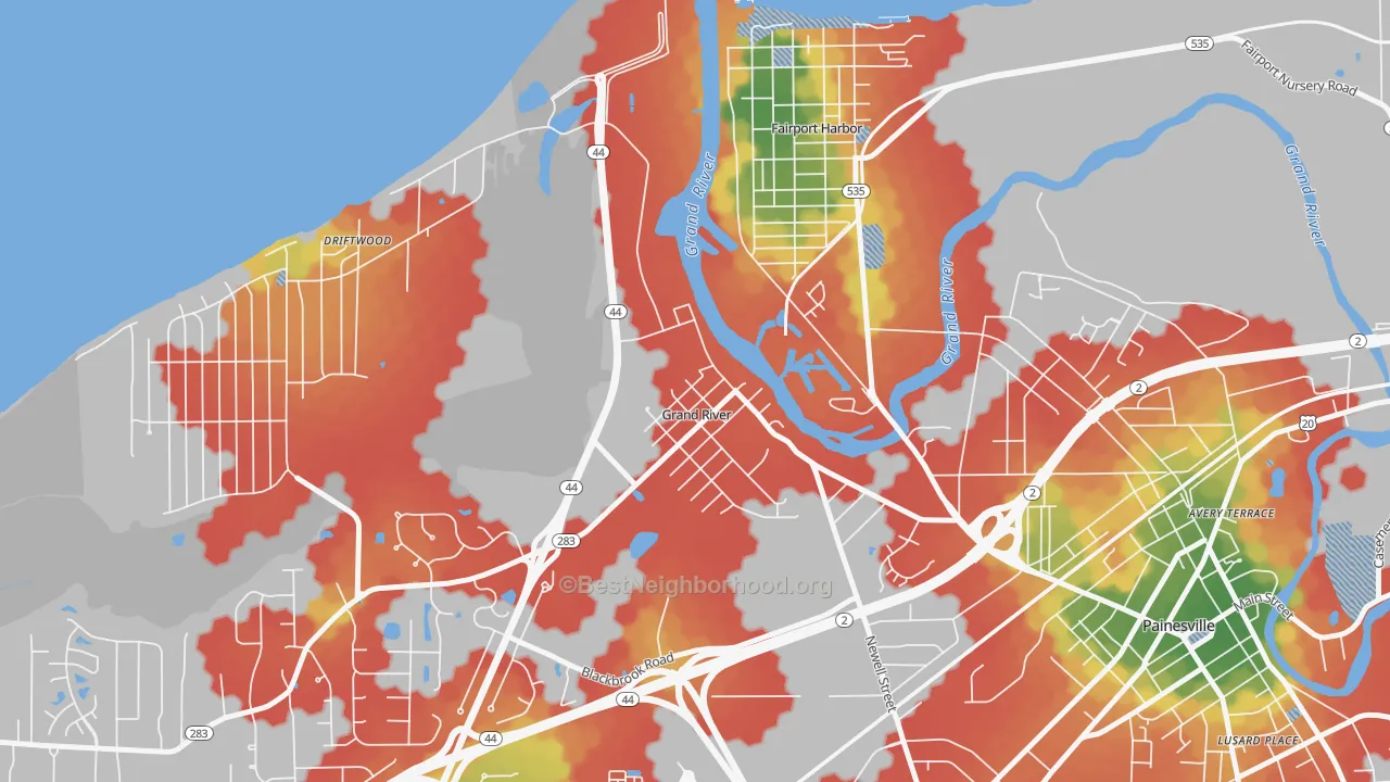 Walk Grade map of Grand River, OH, walkable areas in green and car-dependent areas in red