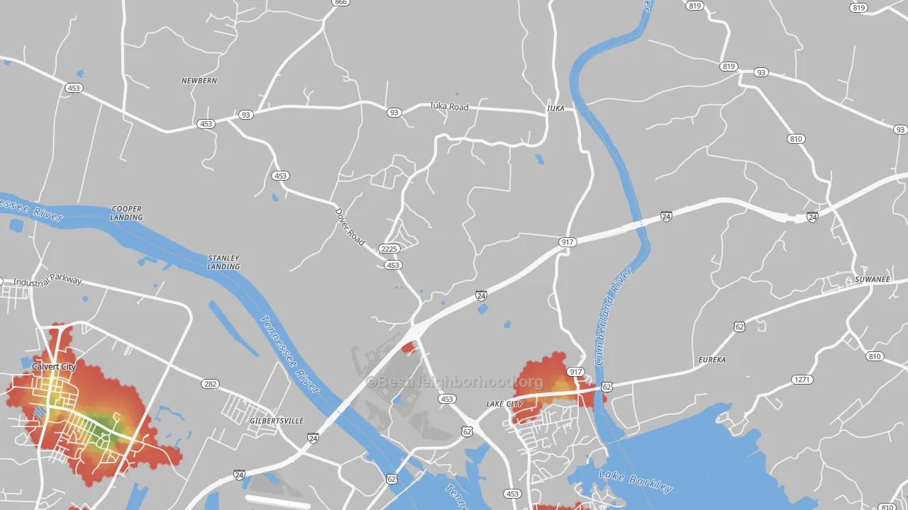 Walk Grade map of Grand Rivers, KY, walkable areas in green and car-dependent areas in red