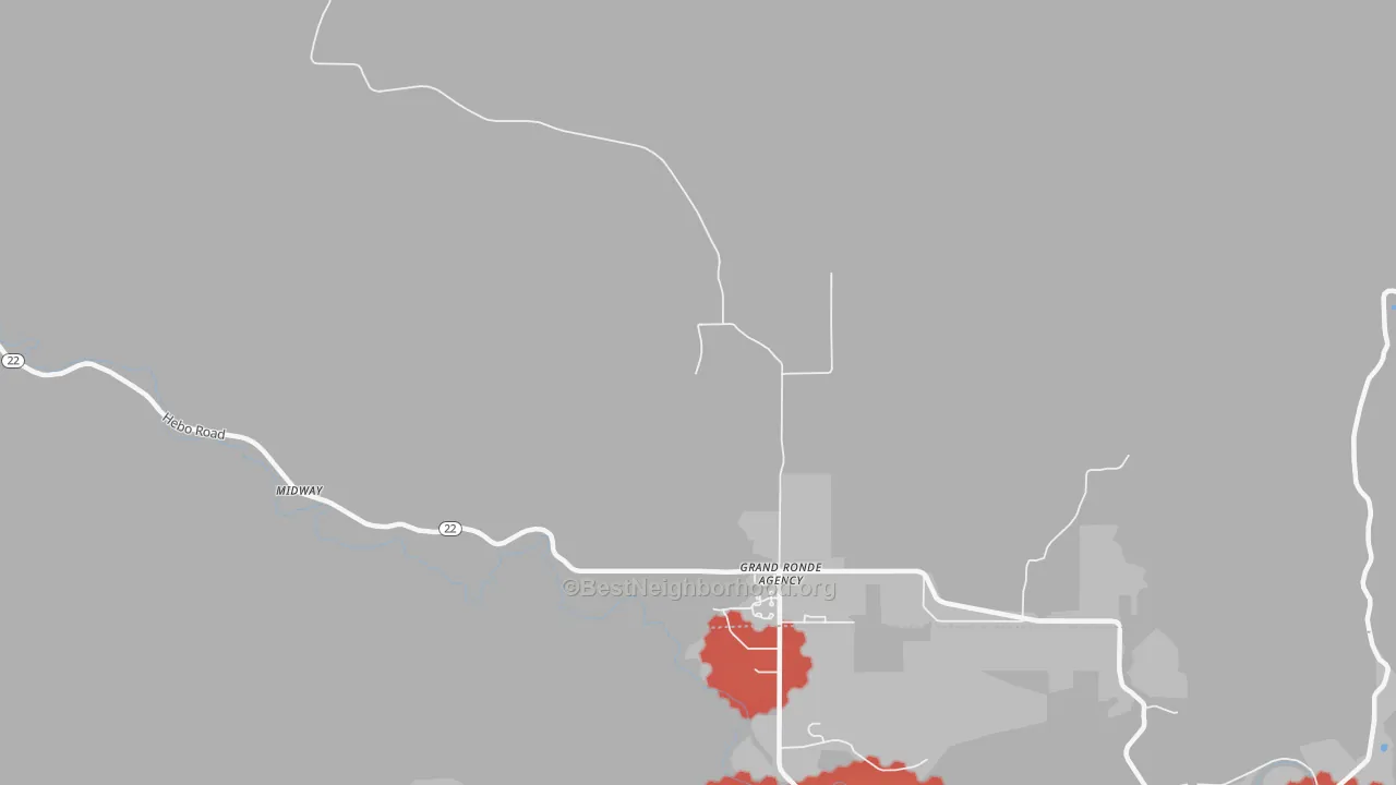 Walk Grade map of Grand Ronde Agency, OR, walkable areas in green and car-dependent areas in red