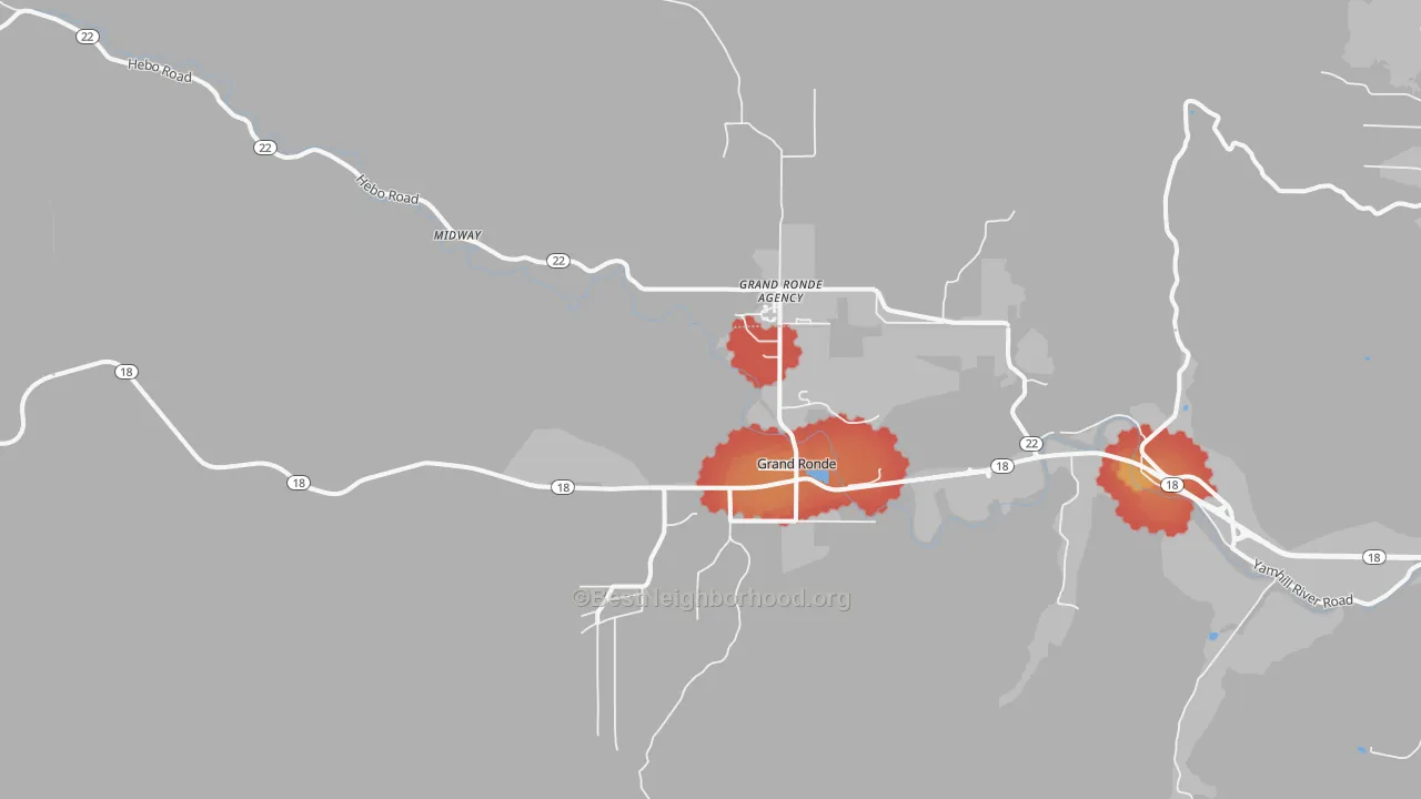 Walk Grade map of Grand Ronde, OR, walkable areas in green and car-dependent areas in red