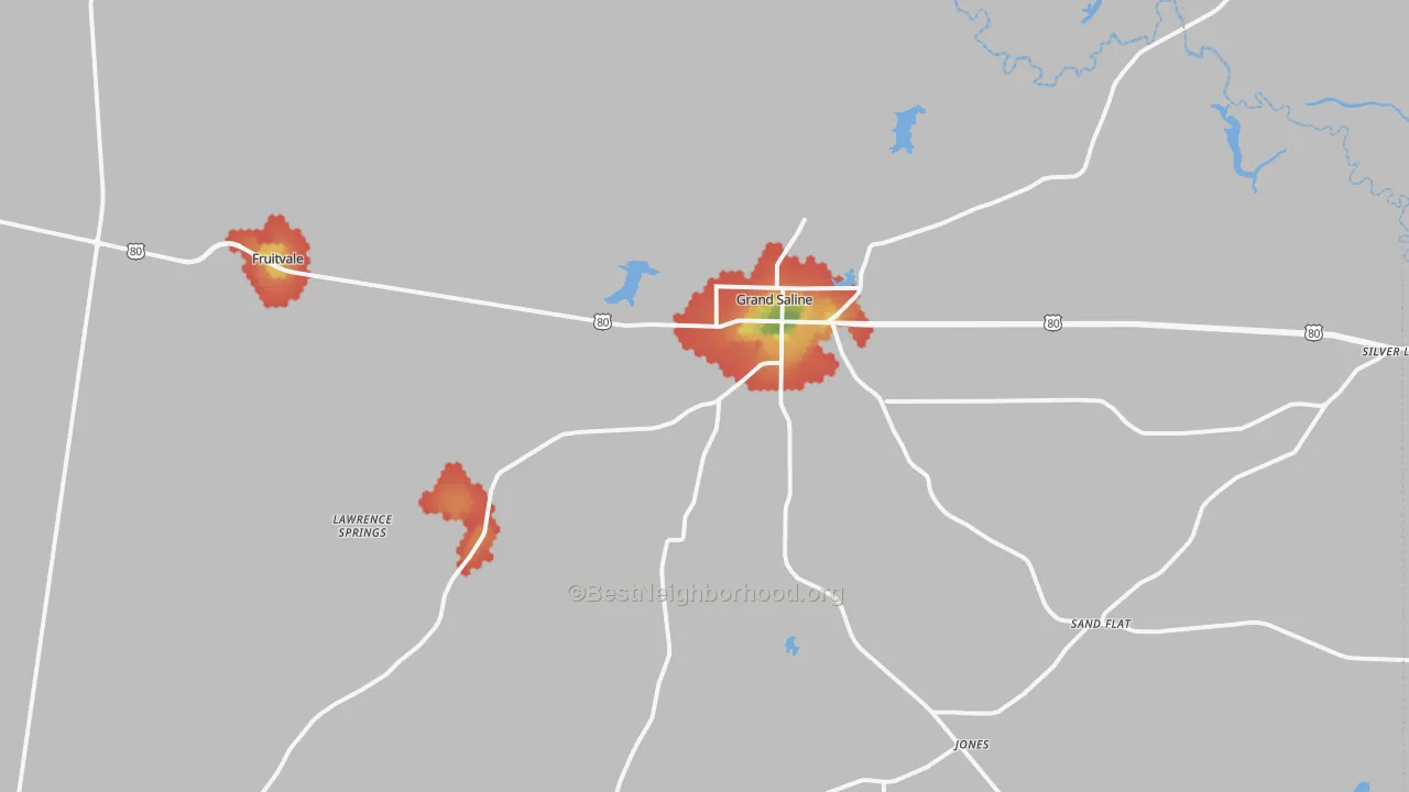Walk Grade map of Grand Saline, TX, walkable areas in green and car-dependent areas in red