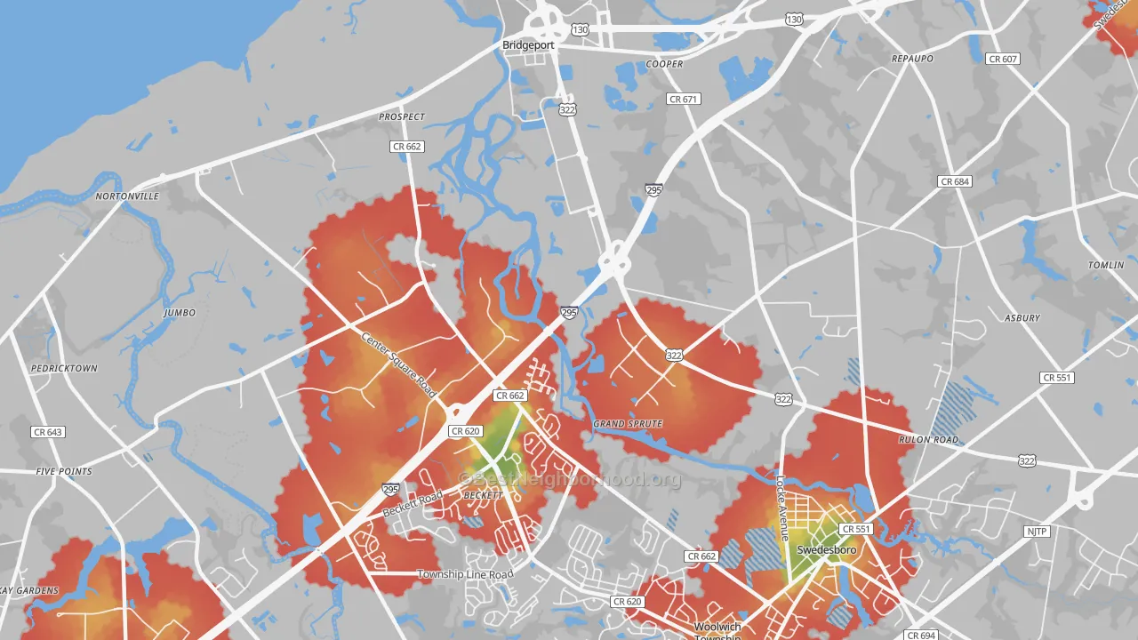 Walk Grade map of Grand Sprute, NJ, walkable areas in green and car-dependent areas in red