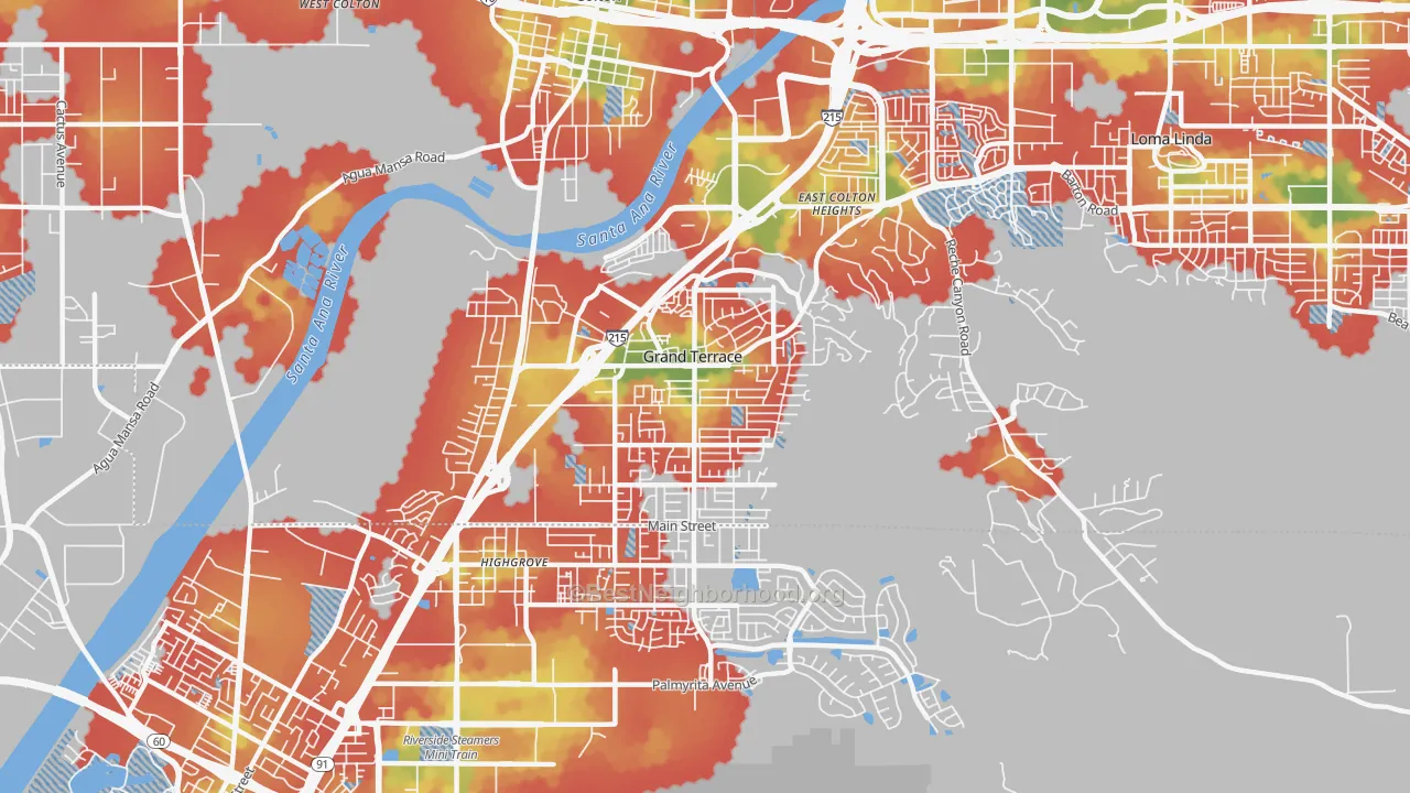 Walk Grade map of Grand Terrace, CA, walkable areas in green and car-dependent areas in red