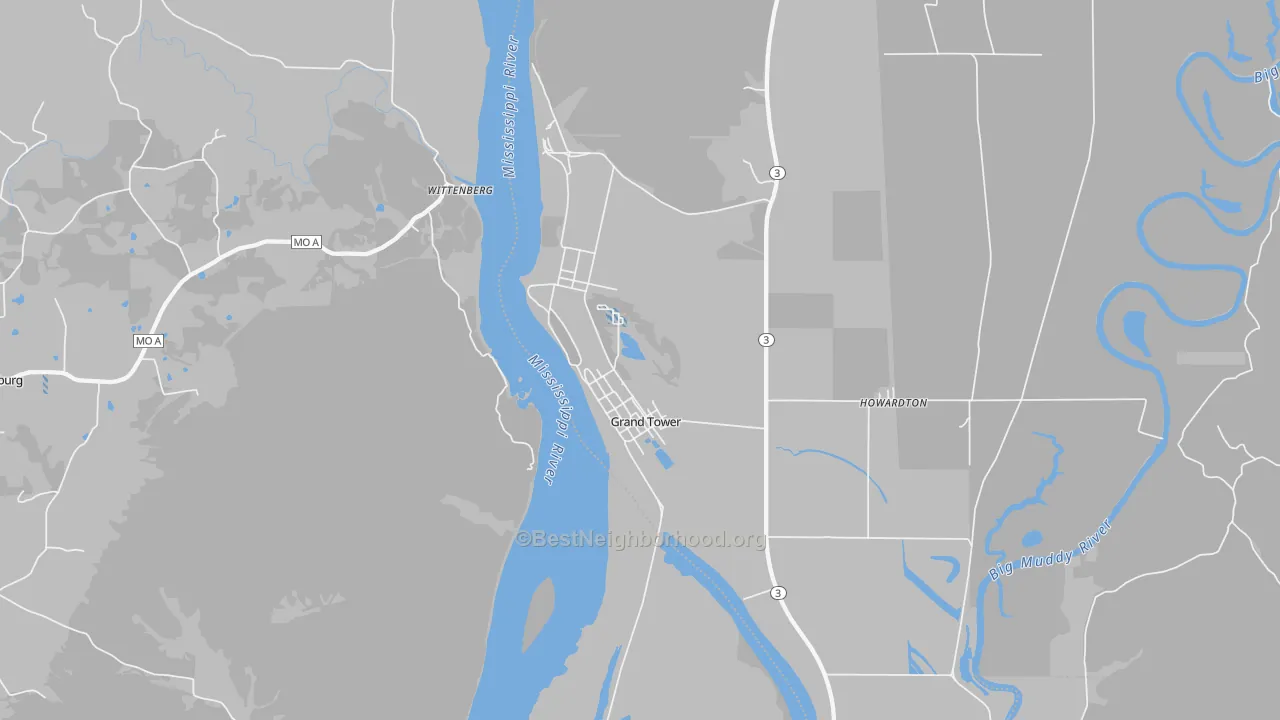 Walk Grade map of Grand Tower, IL, walkable areas in green and car-dependent areas in red