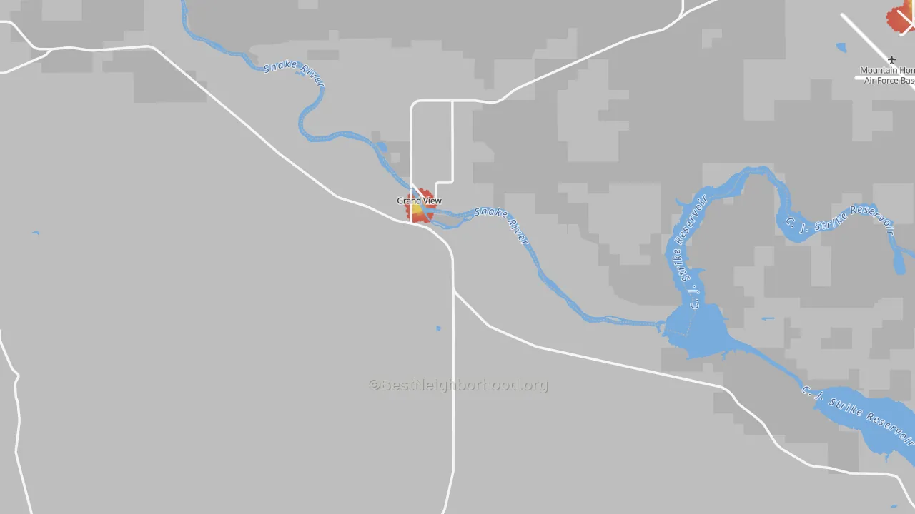Walk Grade map of Grand View, ID, walkable areas in green and car-dependent areas in red