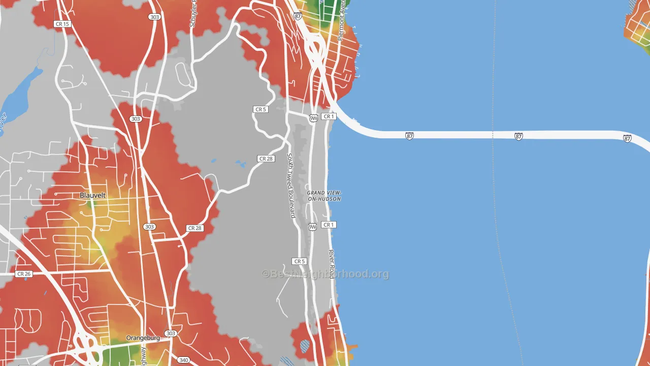 Walk Grade map of Grand View-on-Hudson, NY, walkable areas in green and car-dependent areas in red