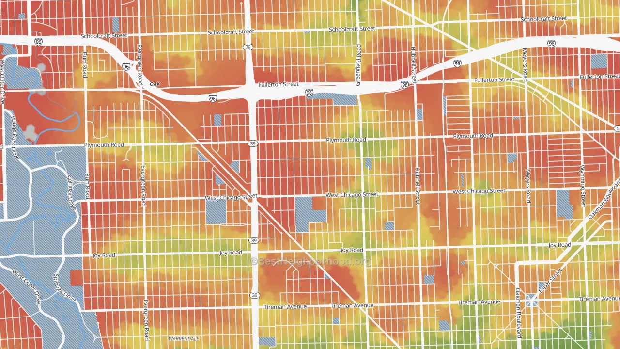 Walk Grade map of Grandale, Detroit, MI, walkable areas in green and car-dependent areas in red