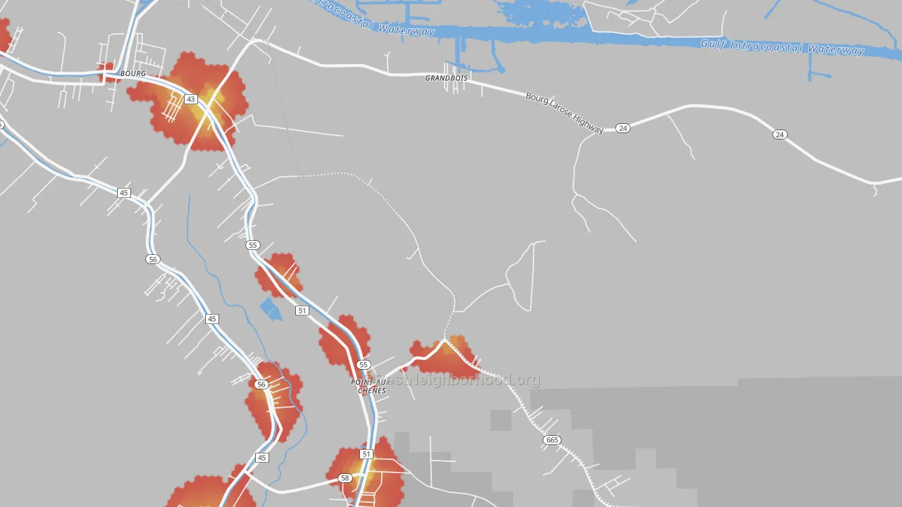 Walk Grade map of Grandbois, LA, walkable areas in green and car-dependent areas in red