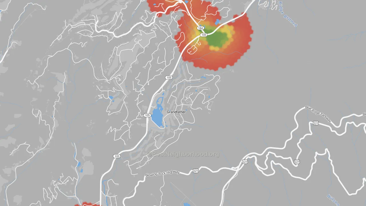 Walk Grade map of Grandfather, NC, walkable areas in green and car-dependent areas in red
