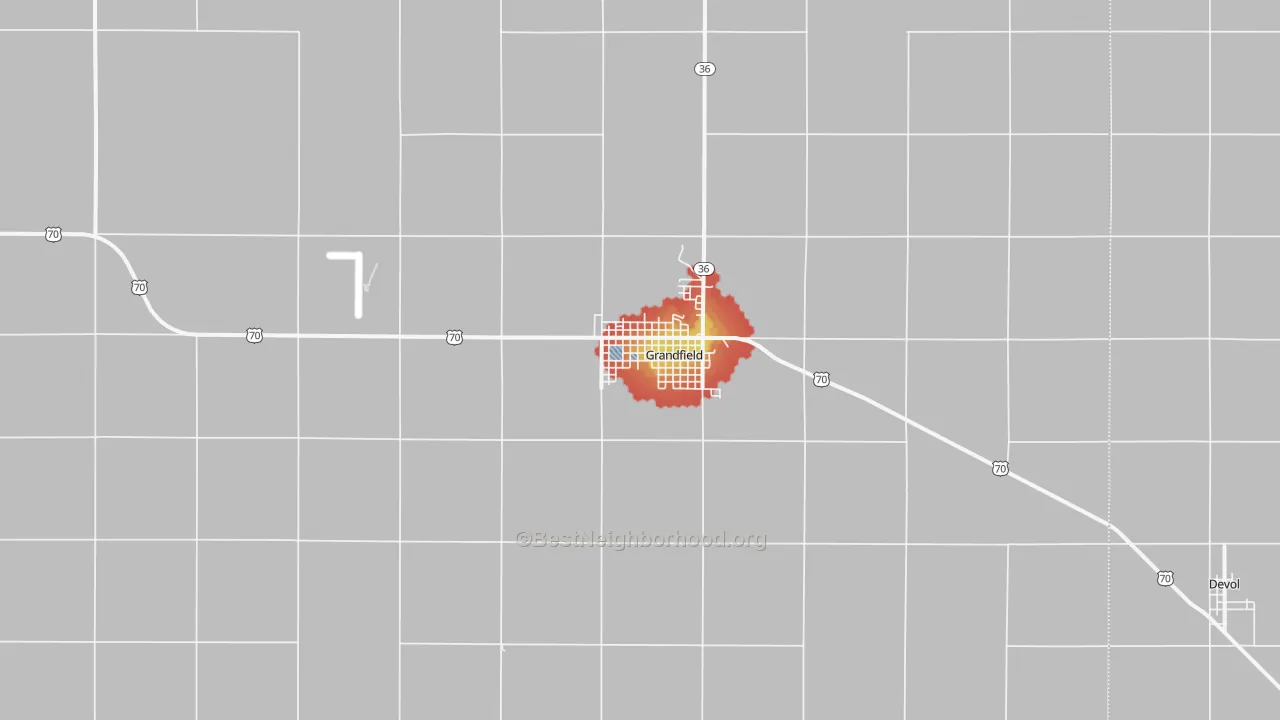 Walk Grade map of Grandfield, OK, walkable areas in green and car-dependent areas in red