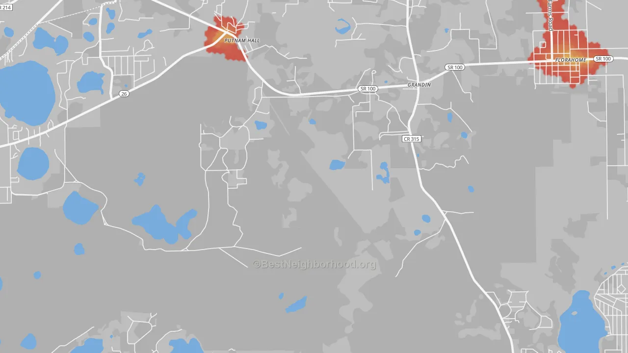 Walk Grade map of Grandin, FL, walkable areas in green and car-dependent areas in red