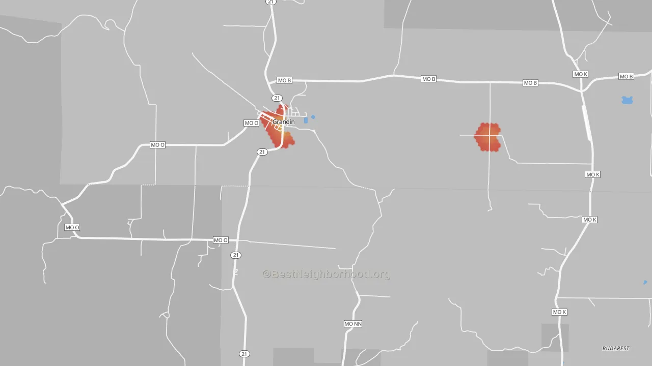 Walk Grade map of Grandin, MO, walkable areas in green and car-dependent areas in red